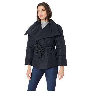 Lark & Ro Women's Long Sleeve Short Puffer Coat with Wrap, Black, Large