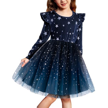 Arshiner Toddler Winter Dress - Velvet Tulle Tutu Fall Formal Outfit in Navy Gradient Size 6