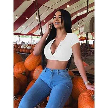 YMDUCH Women's Sexy Short Sleeve Button Crop Top