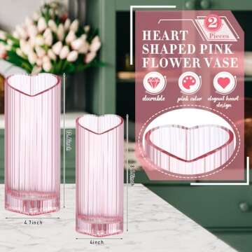 Maxcheck 2 Pcs Valentine's Day Pink Flower Vase Heart Shaped Vase Pink Glass Vase for Wedding Home D...