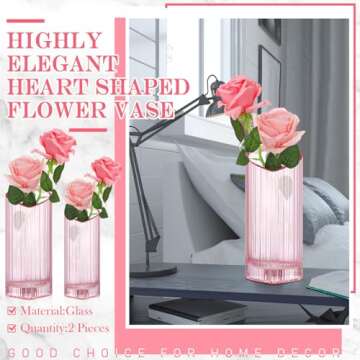 Maxcheck 2 Pcs Valentine's Day Pink Flower Vase Heart Shaped Vase Pink Glass Vase for Wedding Home Decor Table Centerpieces Living Room Kitchen Office Restaurant Hotel Dining Table, 2 Size