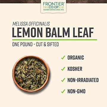 Frontier Co-op Organic Cut & Sifted Lemon Balm Leaf 1lb - Dried Lemon Balm Herb Lemon Balm Loose Leaf Tea Herb - Melissa Tea, Toronjil Tea