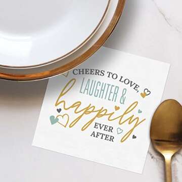 Cheers To Love Laughter Happily Ever After Beverage Napkins / 48 Modern Uncoined Wedding Napkins / 4 3/4" x 4 3/4" Cocktail 3 Ply Napkins/Engagement Anniversary Party Supplies/Made In USA
