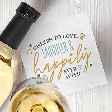 Cheers To Love Laughter Happily Ever After Beverage Napkins / 48 Modern Uncoined Wedding Napkins / 4 3/4" x 4 3/4" Cocktail 3 Ply Napkins/Engagement Anniversary Party Supplies/Made In USA