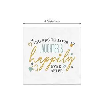 Cheers To Love Laughter Happily Ever After Beverage Napkins / 48 Modern Uncoined Wedding Napkins / 4 3/4" x 4 3/4" Cocktail 3 Ply Napkins/Engagement Anniversary Party Supplies/Made In USA
