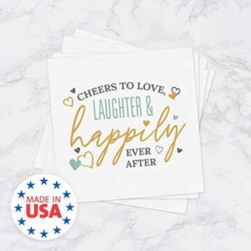 Cheers To Love Laughter Happily Ever After Beverage Napkins / 48 Modern Uncoined Wedding Napkins / 4 3/4" x 4 3/4" Cocktail 3 Ply Napkins/Engagement Anniversary Party Supplies/Made In USA