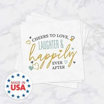 Cheers To Love Laughter Happily Ever After Beverage Napkins / 48 Modern Uncoined Wedding Napkins / 4 3/4" x 4 3/4" Cocktail 3 Ply Napkins/Engagement Anniversary Party Supplies/Made In USA