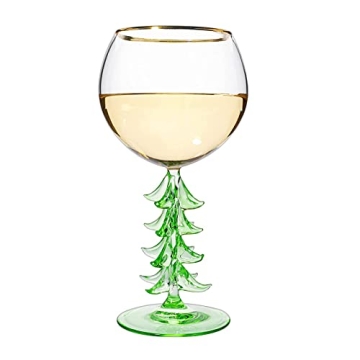 Crystal Winter Tree Stemmed Wine Glass - Green - 12oz Goblet Bordeaux Gold Rim Colored Glassware, Ch...