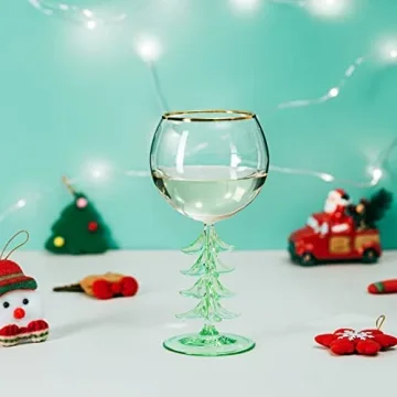 Crystal Winter Tree Stemmed Wine Glass - Green - 12oz Goblet Bordeaux Gold Rim Colored Glassware, Cheerful Party Festive New Year's Cheer for Winter Season Gift