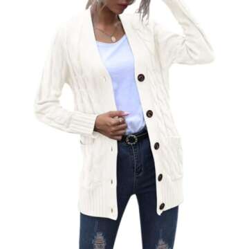 MEROKEETY Women's 2025 Fall Long Sleeve Cable Knit Sweater Open Front Cardigan Button Loose Outerwear Beige