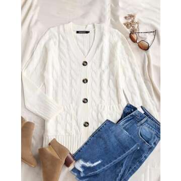 MEROKEETY Women's 2025 Fall Long Sleeve Cable Knit Sweater Open Front Cardigan Button Loose Outerwear Beige