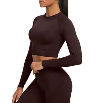 Aoxjox Long Sleeve Crop Tops for Women Carbon Seamless High Neck Workout Crop T Shirt Top (Cherry Brown, Small)