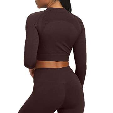 Aoxjox Long Sleeve Crop Tops for Women Carbon Seamless High Neck Workout Crop T Shirt Top (Cherry Brown, Small)