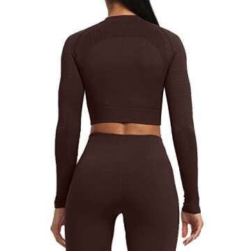 Aoxjox Long Sleeve Crop Tops for Women Carbon Seamless High Neck Workout Crop T Shirt Top (Cherry Brown, Small)