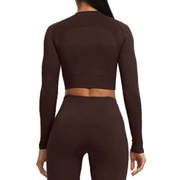 Aoxjox Long Sleeve Crop Tops for Women Carbon Seamless High Neck Workout Crop T Shirt Top (Cherry Brown, Small)
