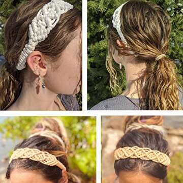 Hixixi 3PCS Handmade Knit Crochet Headbands Elastic No Slip Macrame Boho Hairband for Women Girls Wide Top Knot Turban Hair Bands