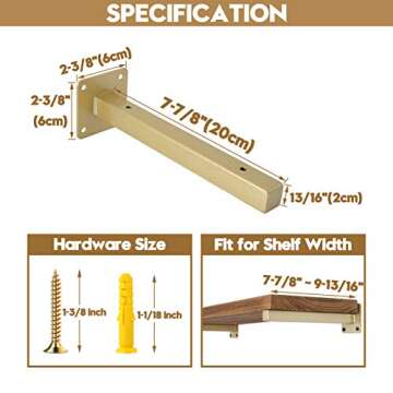 AddGrace 4 Pack Shelf Brackets Wall Mounted Gold Shelf Brackets Heavy Duty Metal Rustic Floating She...