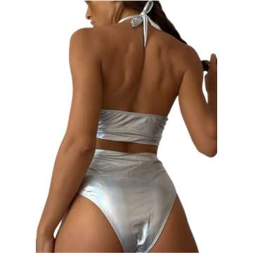 JUMISEE Women 2 Piece Rave Holographic Buckle Bikini Set Sexy Cross Halter Cutout Swimsuit Festival Outfit
