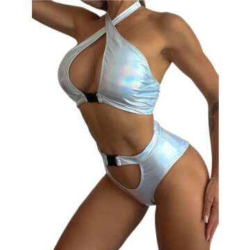 JUMISEE Women 2 Piece Rave Holographic Buckle Bikini Set Sexy Cross Halter Cutout Swimsuit Festival Outfit