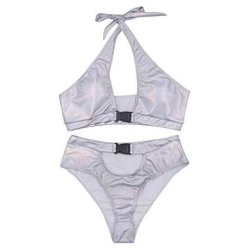JUMISEE Women 2 Piece Rave Holographic Buckle Bikini Set Sexy Cross Halter Cutout Swimsuit Festival Outfit