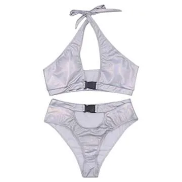 JUMISEE Women 2 Piece Rave Holographic Buckle Bikini Set Sexy Cross Halter Cutout Swimsuit Festival Outfit