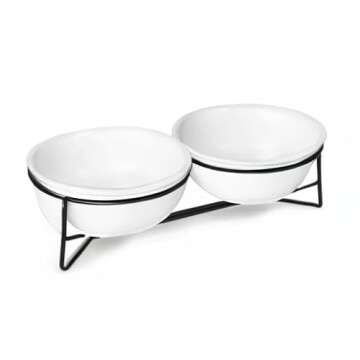 Double Ceramic Raised Cat or Small Dog Bowls with Metal Stand for Pet Food and Water Dishes,12 Ounces