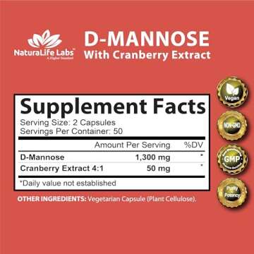 NaturaLife Labs A Higher Standard D-Mannose 1,300 mg with Cranberry Extract Fast-Acting, Flush Impurities, Urinary Tract Health- 100 Veggie Capsules