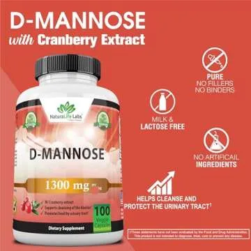 NaturaLife Labs A Higher Standard D-Mannose 1,300 mg with Cranberry Extract Fast-Acting, Flush Impurities, Urinary Tract Health- 100 Veggie Capsules