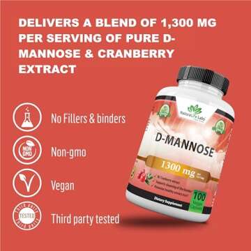 NaturaLife Labs A Higher Standard D-Mannose 1,300 mg with Cranberry Extract Fast-Acting, Flush Impurities, Urinary Tract Health- 100 Veggie Capsules