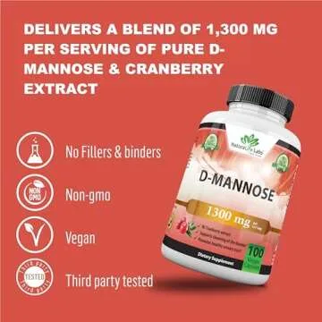 NaturaLife Labs A Higher Standard D-Mannose 1,300 mg with Cranberry Extract Fast-Acting, Flush Impurities, Urinary Tract Health- 100 Veggie Capsules