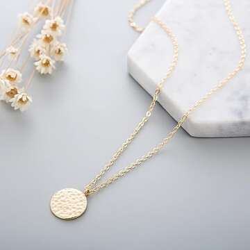 Fettero Pendant Necklace Gold Hammered Coin Pendant 14K Gold Plated Dainty Simple Jewelry for Women