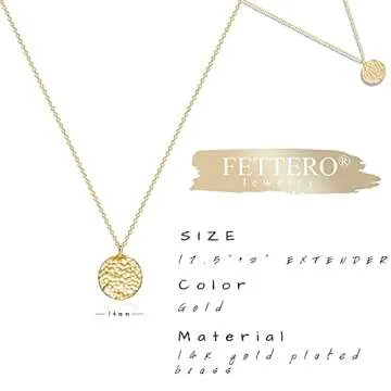 Fettero Pendant Necklace Gold Hammered Coin Pendant 14K Gold Plated Dainty Simple Jewelry for Women