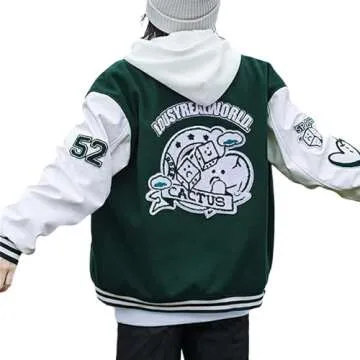 Mxiqqpltky Men's Vintage Varsity Jacket Casual Letter Print Patchwork Baseball Jacket Streetwear Let...