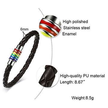 Nanafast Titanium Stainless Steel Rainbow LGBT Pride Bracelet PU Leather Weave Plaited LGBTQ Bracele...