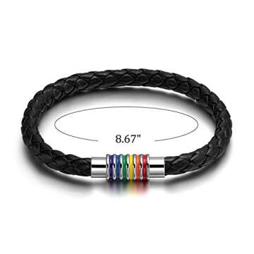 Nanafast Titanium Stainless Steel Rainbow LGBT Pride Bracelet PU Leather Weave Plaited LGBTQ Bracelets Jewelry 8.67 Inches