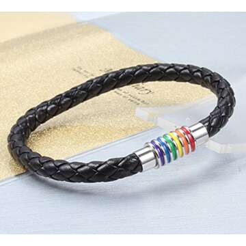 Nanafast Titanium Stainless Steel Rainbow LGBT Pride Bracelet PU Leather Weave Plaited LGBTQ Bracelets Jewelry 8.67 Inches