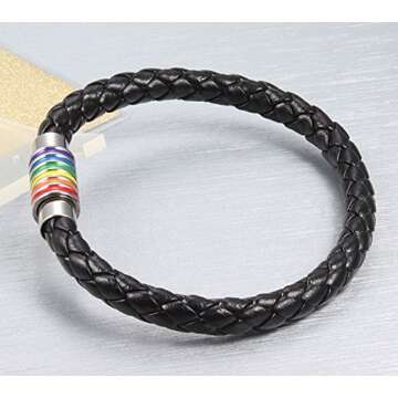 Nanafast Titanium Stainless Steel Rainbow LGBT Pride Bracelet PU Leather Weave Plaited LGBTQ Bracelets Jewelry 8.67 Inches
