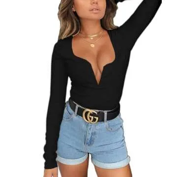 Stylish Women's Low Cut Bodysuit Deep V Neck Design