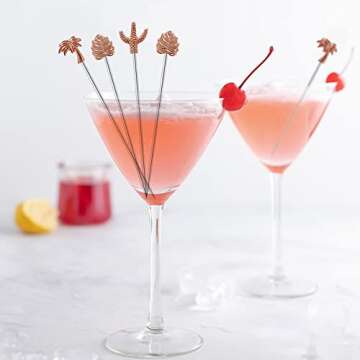 Stainless Steel Cocktail Picks Martini Toothpicks,Mewuthede 8pcs Plant Theme Martini Fruits Picks Reusable Olive Picks Garnish Skewer for Party Bar Reunion (Rose Gold)