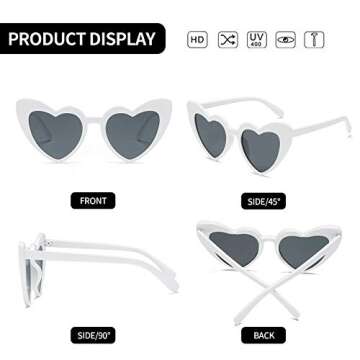 YOSHYA Clout Goggle Heart Sunglasses Vintage Cat Eye Mod Style Retro Kurt Cobain Glasses (White Grey)