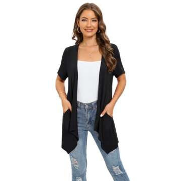 Veryoung Trendy Lightweight Summer Cardigan Casual Soft Draped Open Front Short Sleeve Cardigans for Women with Pockets High Low Hem 2025,Black,Medium