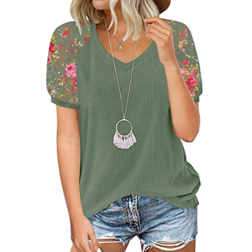 MIHOLL Women's Lace V Neck Puff Sleeve Casual Top