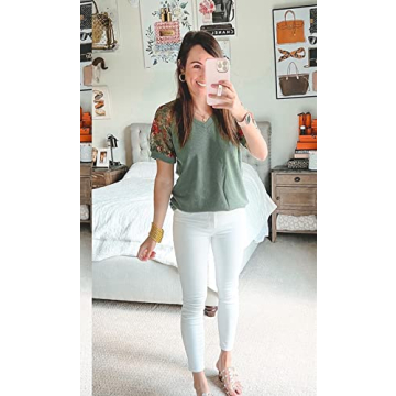 MIHOLL Women's Lace V Neck Puff Sleeve Casual Top