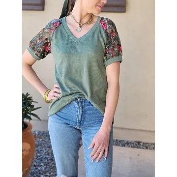 MIHOLL Women's Lace V Neck Puff Sleeve Casual Top