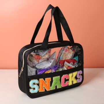 Chenille Letter Patch Clear Bag,Preppy Multi-purpose PVC&Nylon Clear Makeup Bag with Handles,Large T...