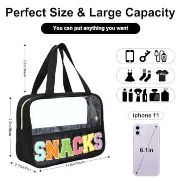Chenille Letter Patch Clear Bag,Preppy Multi-purpose PVC&Nylon Clear Makeup Bag with Handles,Large Travel Makeup Toiletry Storage Zipper Pouch, Tote Bag for Women (Black-SNACKS)