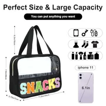 Chenille Letter Patch Clear Bag,Preppy Multi-purpose PVC&Nylon Clear Makeup Bag with Handles,Large Travel Makeup Toiletry Storage Zipper Pouch, Tote Bag for Women (Black-SNACKS)