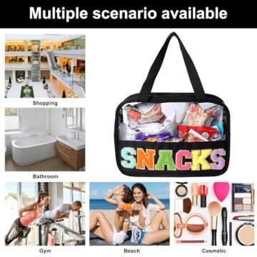 Chenille Letter Patch Clear Bag,Preppy Multi-purpose PVC&Nylon Clear Makeup Bag with Handles,Large Travel Makeup Toiletry Storage Zipper Pouch, Tote Bag for Women (Black-SNACKS)