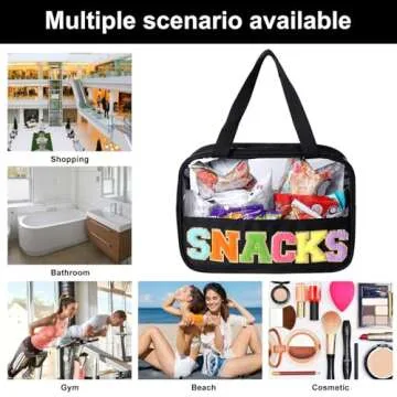 Chenille Letter Patch Clear Bag,Preppy Multi-purpose PVC&Nylon Clear Makeup Bag with Handles,Large Travel Makeup Toiletry Storage Zipper Pouch, Tote Bag for Women (Black-SNACKS)