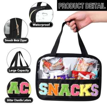 Chenille Letter Patch Clear Bag,Preppy Multi-purpose PVC&Nylon Clear Makeup Bag with Handles,Large Travel Makeup Toiletry Storage Zipper Pouch, Tote Bag for Women (Black-SNACKS)